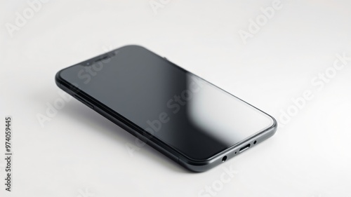 A close-up view of a sleek black smartphone lying on a light surface, showcasing its modern design and screen reflection in natural light