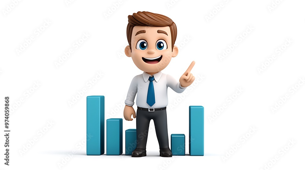 With a smile, a cartoon businessman gestures to a chart, celebrating the sweet rewards of hard-earned success. With a smile, a cartoon businessman gestures to a chart, celebrating the sweet rewards of hard-earned success.