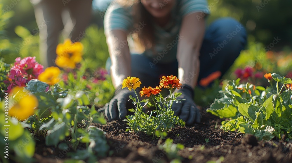 Closeup of Hands Planting Yellow and Orange Flowers in Garden Bed Closeup of Hands Planting Yellow and Orange Flowers in Garden Bed