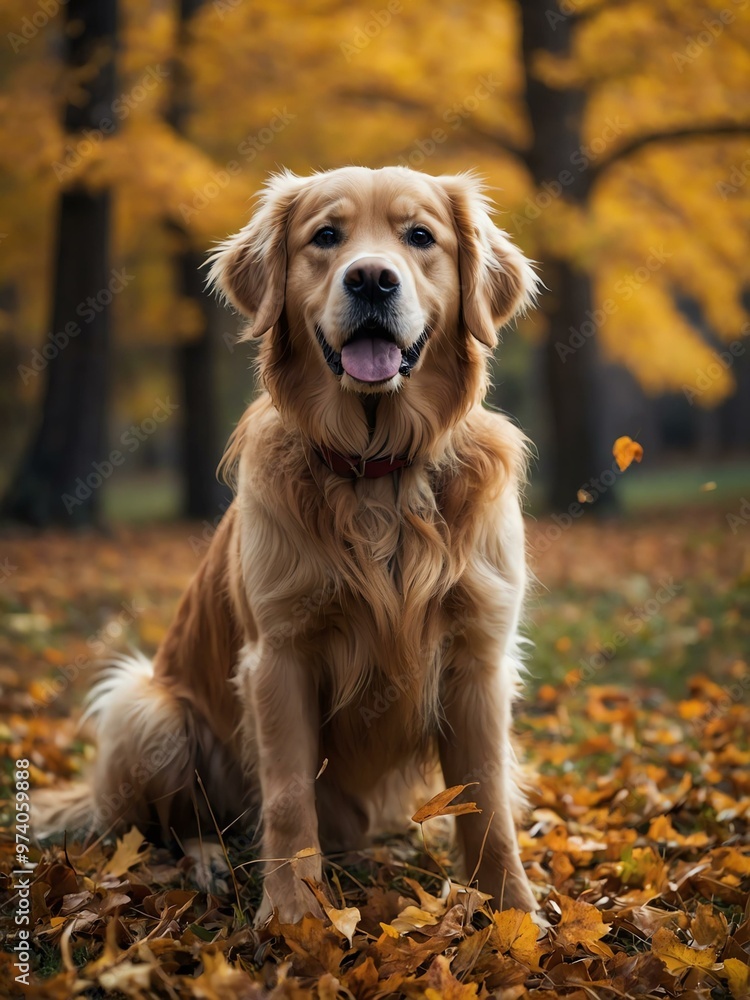 Photo featuring a golden retriever against a backdrop of autumn foliage. Photo featuring a golden retriever against a backdrop of autumn foliage.