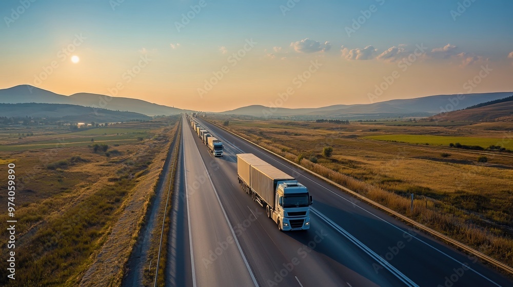 Freight truck convoy on highway transporting cargo under clear sky industrial logistics for long-haul shipping stunning landscape Freight truck convoy on highway transporting cargo under clear sky industrial logistics for long-haul shipping stunning landscape