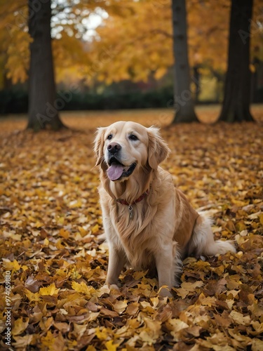 Photo featuring a golden retriever against a backdrop of autumn foliage.