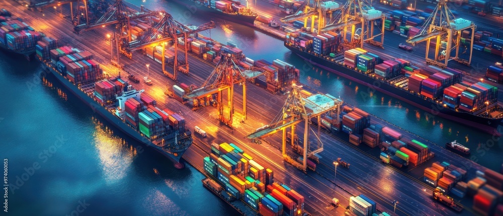 Fototapeta premium Cargo ships docked at a busy port with containers being transferred onto trucks vibrant logistics supply chain