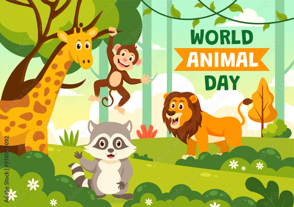 Fototapeta premium World Animal Day Vector Illustration with a Variety of Animals or Wildlife in the Natural Habitat to Forest Protection and Environmental Awareness