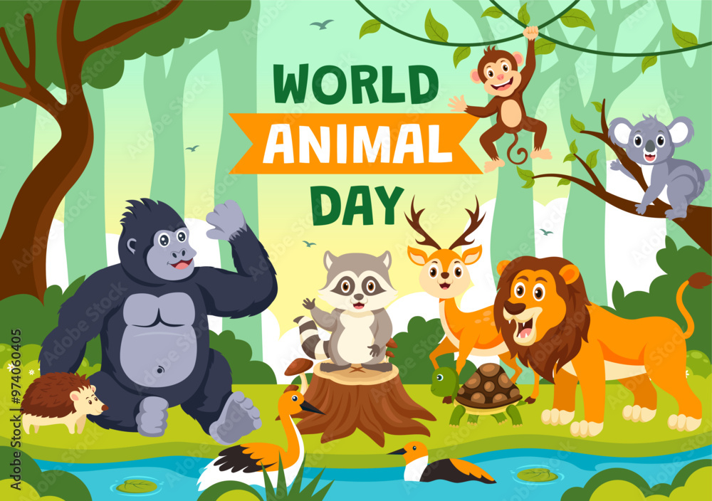 Fototapeta premium World Animal Day Vector Illustration with a Variety of Animals or Wildlife in the Natural Habitat to Forest Protection and Environmental Awareness