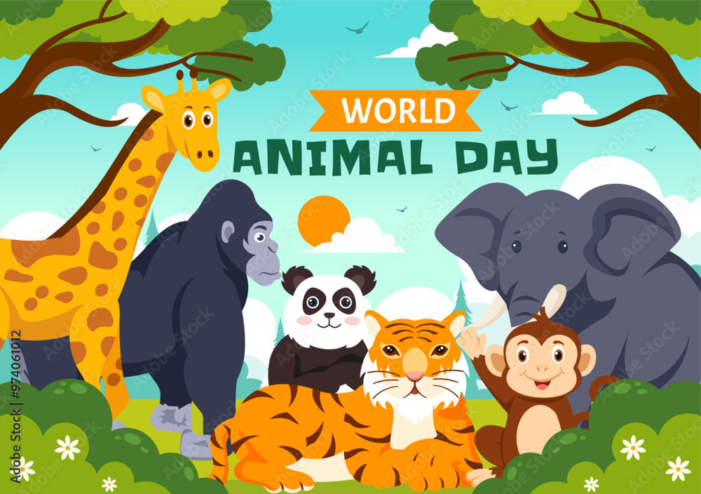 Fototapeta premium World Animal Day Vector Illustration with a Variety of Animals or Wildlife in the Natural Habitat to Forest Protection and Environmental Awareness