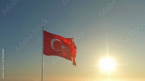 A red flag with a star and the word "turkey" on it is flying in the sky