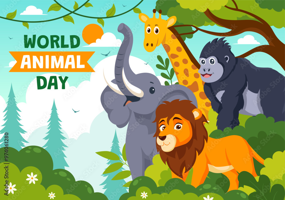 Fototapeta premium World Animal Day Vector Illustration with a Variety of Animals or Wildlife in the Natural Habitat to Forest Protection and Environmental Awareness