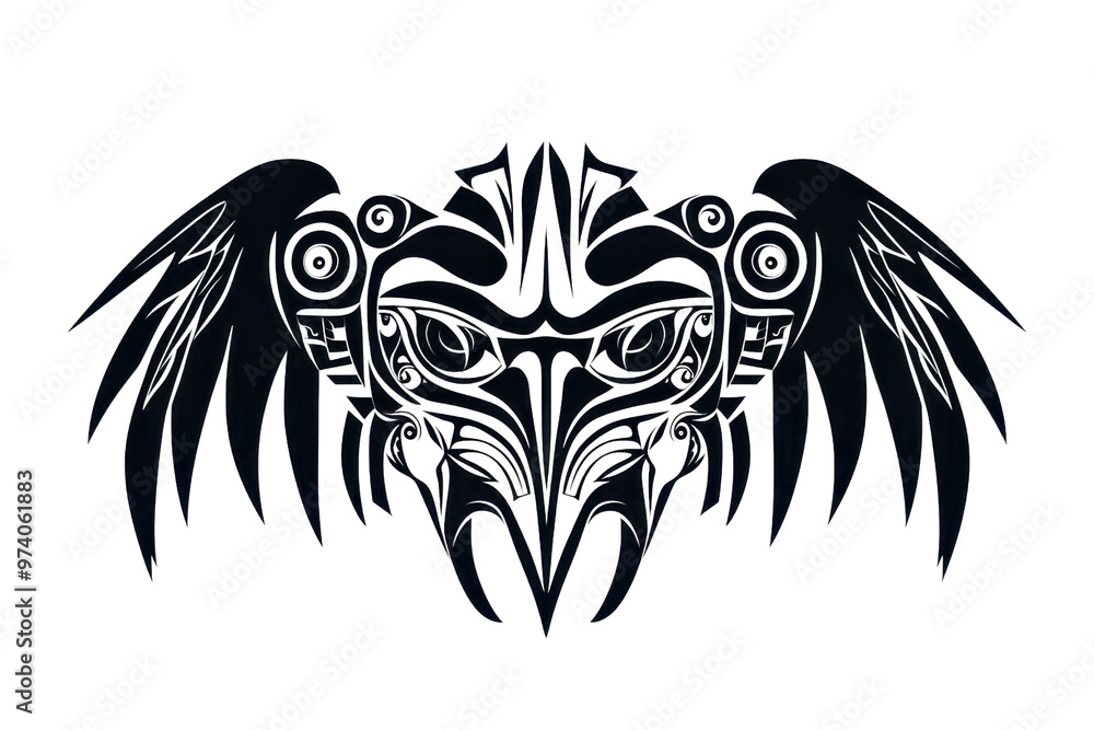 Intricate tribal bird tattoo design with wings spread, showcasing symmetrical patterns in black. Perfect for artistic and cultural themes. Intricate tribal bird tattoo design with wings spread, showcasing symmetrical patterns in black. Perfect for artistic and cultural themes.