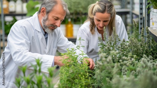 Diverse group of biologists examining plant genetics in a lush laboratory environment