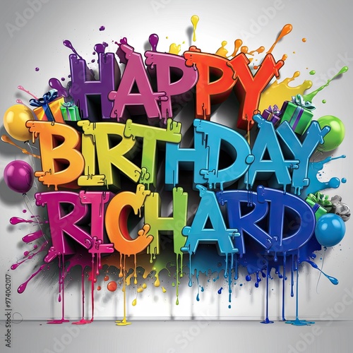 Happy birthday Richard poster, with colorful letters and balloons in various sizes scattered around, creating a festive and joyful atmosphere.
