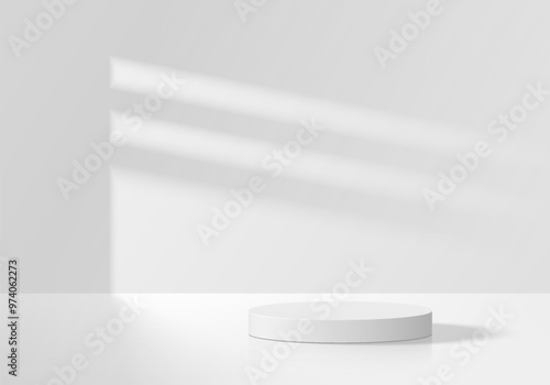 Realistic white 3D cylindrical pedestal podium background with window lighting wall scene. Minimalist mockup pedestal, Abstract product display presentation, Stage showcase. Platforms vector design.