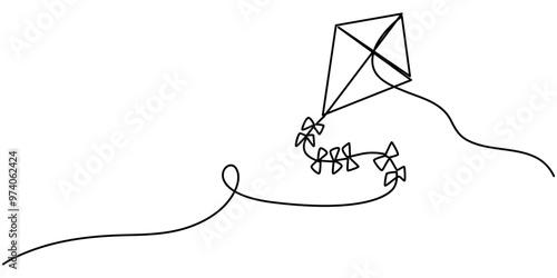 Kite   continuous one line drawing of outline vector illustration, Vector Kite, Continuous one line drawing of kite line art drawing vector illustration, Kite One line drawing on white background