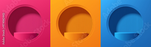 Set of pink, orange and blue realistic 3D cylindrical podium background in circles window scene. Minimalist mockup pedestal, abstract product display presentation, Stage showcase. Platforms vector.