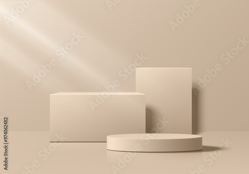Realistic beige 3D cylindrical podium background with cube box on clean wall scene. Minimalist mockup pedestal or Abstract product display presentation, Stage for showcase. Platforms vector design.