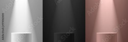 Set of silver, black and pink gold realistic 3D cylindrical podium background with glowing spotlight wall scene scene. Minimalist mockup pedestal, abstract product display presentation, Stage showcase
