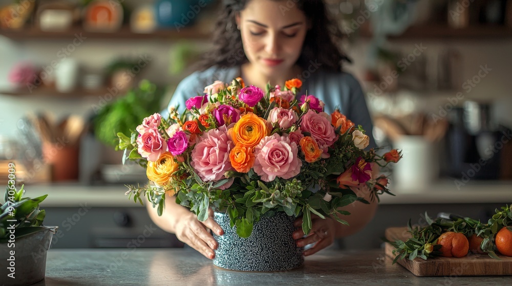 Fototapeta premium Woman Arranging Beautiful Mixed Flowers in a Vase