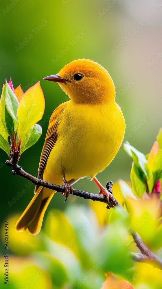 Obraz premium A yellow bird perches on a tree branch against a backdrop of a green leafed tree; its foliage displays red and yellow hues