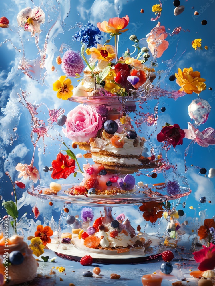A low-angle view of a whimsical fantasy world where vibrant edible flowers bloom from dreamlike dishes A low-angle view of a whimsical fantasy world where vibrant edible flowers bloom from dreamlike dishes
