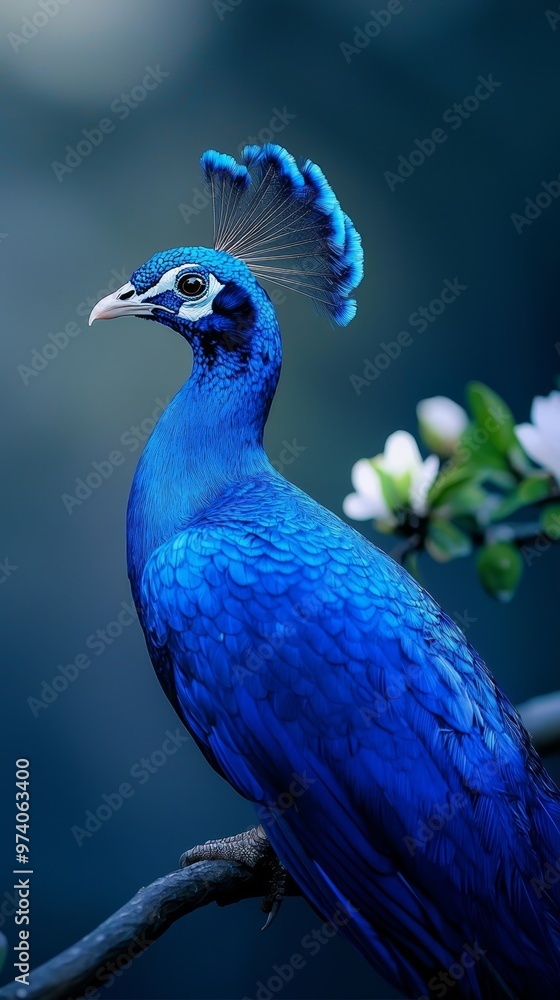 Fototapeta premium A blue bird perched on a branch against a dark blue backdrop, wearing a feather atop its head; white blooms nearby