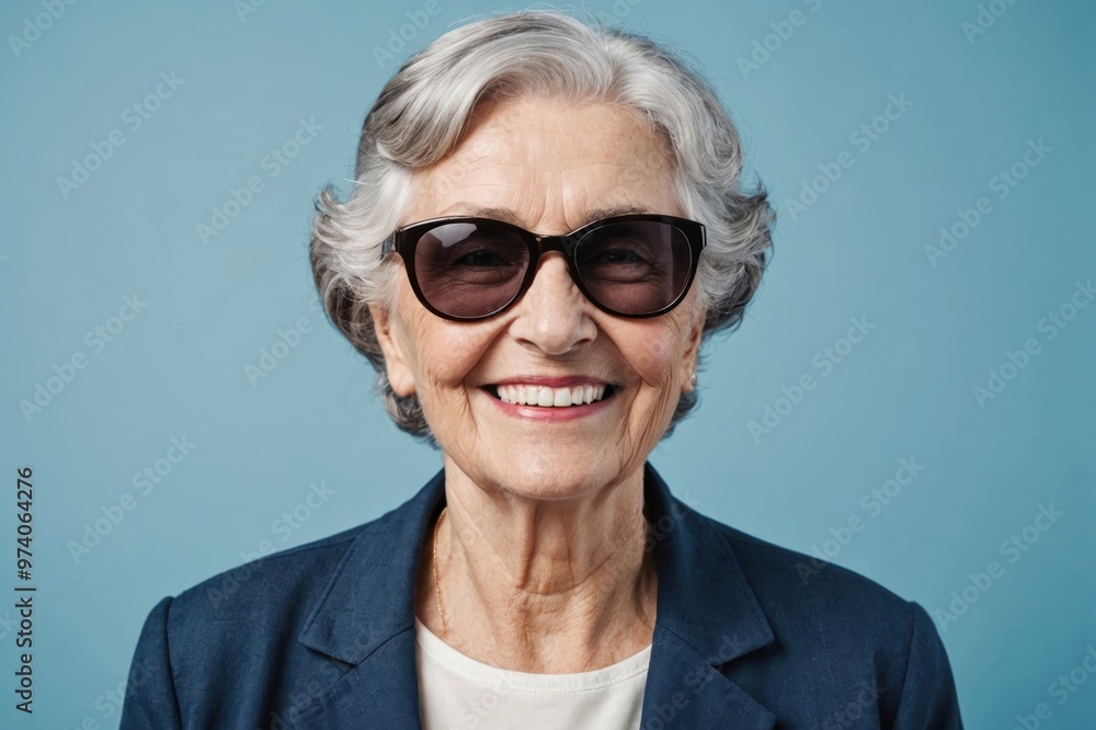 portrait of smiling modern cheerful elderly grey-haired women in sunglasses on blue background portrait of smiling modern cheerful elderly grey-haired women in sunglasses on blue background