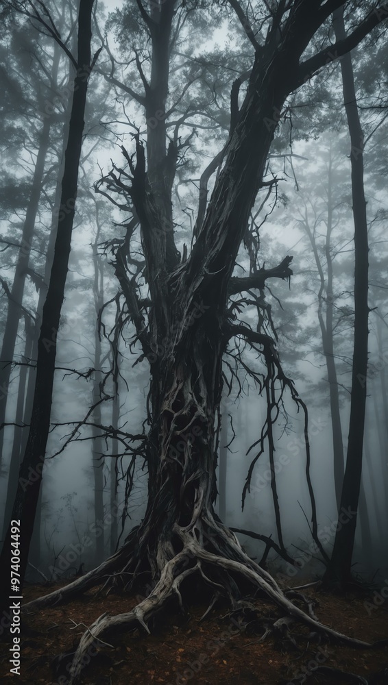 Twisted dead tree in a foggy forest, creating an eerie and mysterious mood. Twisted dead tree in a foggy forest, creating an eerie and mysterious mood.