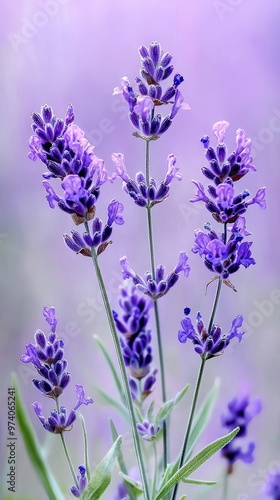  A tight shot of numerous purple blooms against a hazy backdrop of grass and flowers