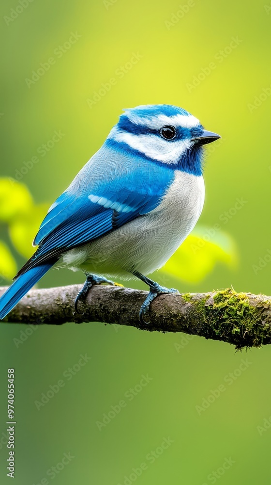 Obraz premium A blue-and-white bird perches on a tree branch against a backdrop of blurred greens and blues