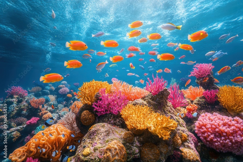 Fototapeta premium Frame mockup on a coral rock, vibrant coral reef ecosystem with schools of fish, 3D illustration