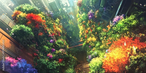 A vibrant high-angle view of a whimsical fantasy world intertwined with a serene urban garden