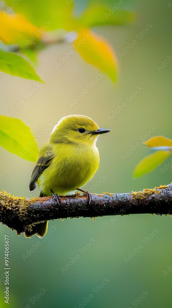A small yellow bird perched on a branch against a backdrop of softly blurred leaves and a tree limb A small yellow bird perched on a branch against a backdrop of softly blurred leaves and a tree limb