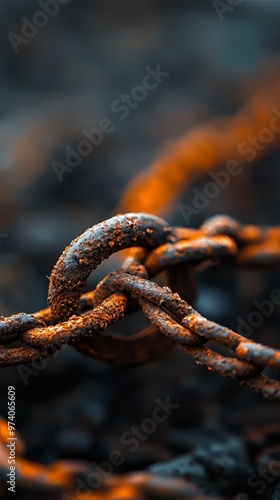  A tight shot of a corroded metal chain against a hazy backdrop of another rusted metal artifact