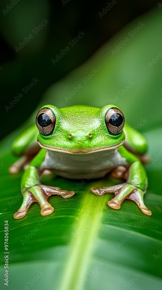 Fototapeta premium A tight shot of a frog perched on a single green leaf Surrounding are abundant, slightly out-of-focus green leaves The frog's eyes are faint