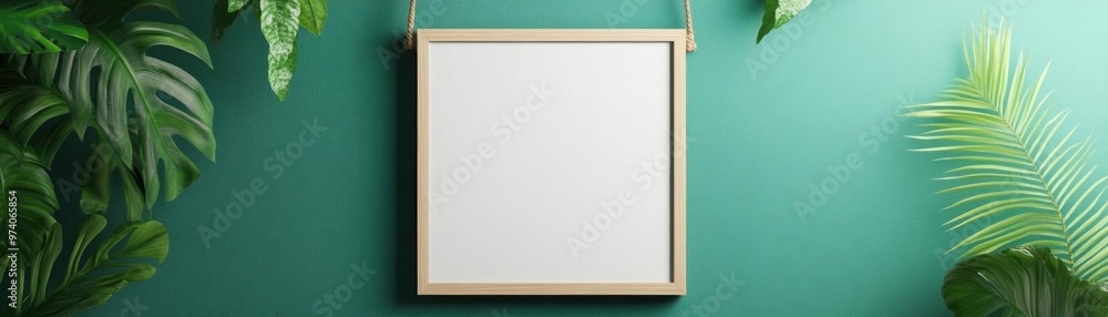 Obraz premium Frame mockup hanging from a vine, tropical rainforest with exotic plants, 3D illustration