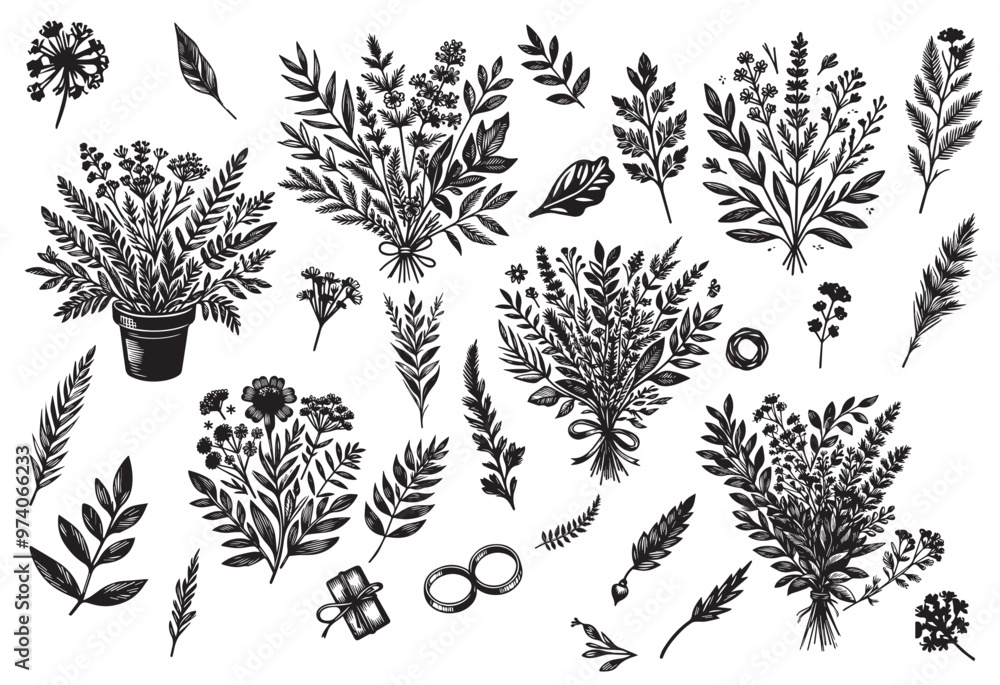 Hand drawn wedding herb, plant and monogram with elegant leaves for invitation Hand drawn wedding herb, plant and monogram with elegant leaves for invitation