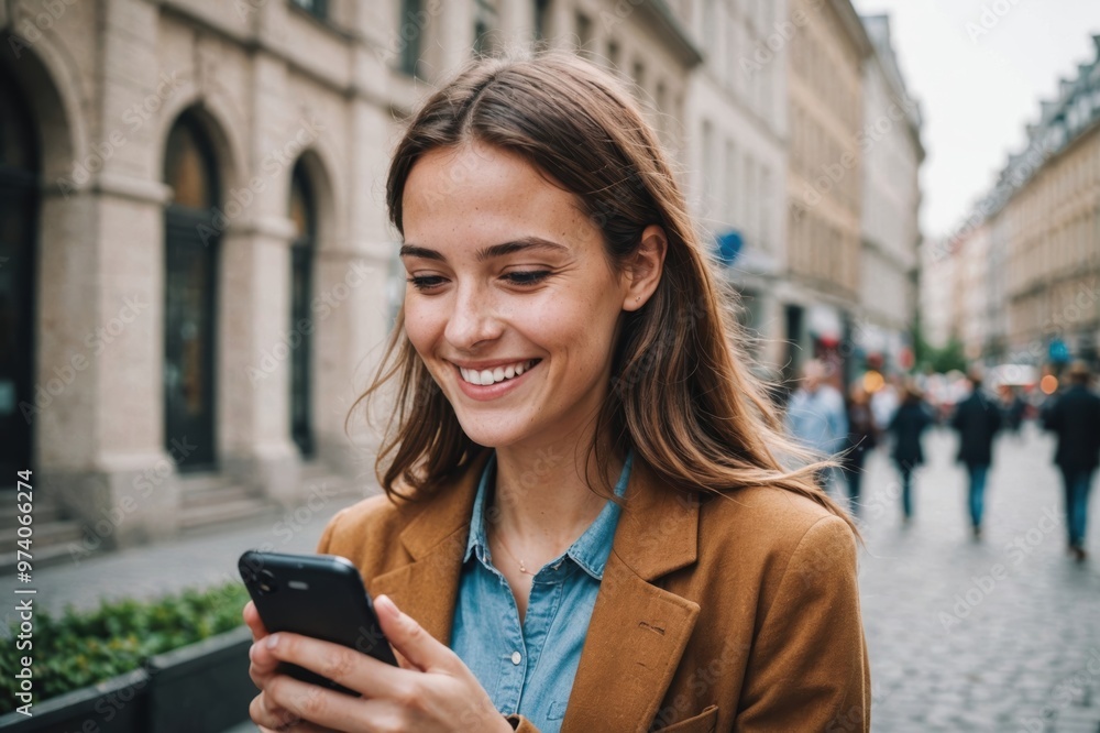 Close-up of smiling young woman using smart phone in city Close-up of smiling young woman using smart phone in city