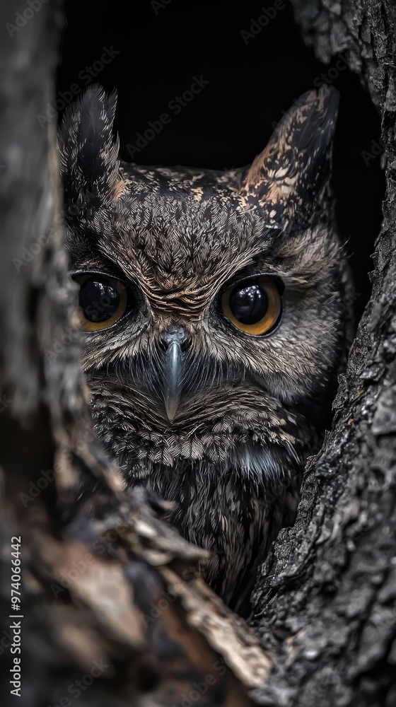 A tight shot of an owl perched in a tree, gazing from a hollow in the tree trunk's bark A tight shot of an owl perched in a tree, gazing from a hollow in the tree trunk's bark