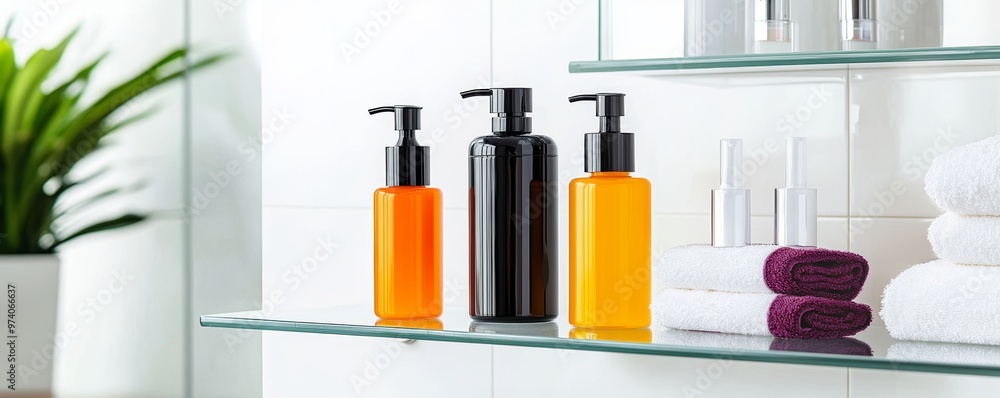 Modern bathroom shelf with a variety of cosmetic products in bottles. Concept of hygiene, beauty, and organization. Modern bathroom shelf with a variety of cosmetic products in bottles. Concept of hygiene, beauty, and organization.