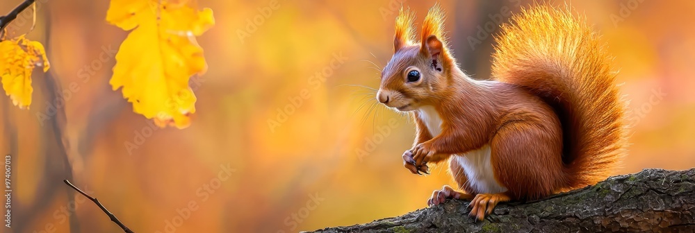 A red squirrel atop a tree branch against a backdrop of golden-hued leaves A red squirrel atop a tree branch against a backdrop of golden-hued leaves
