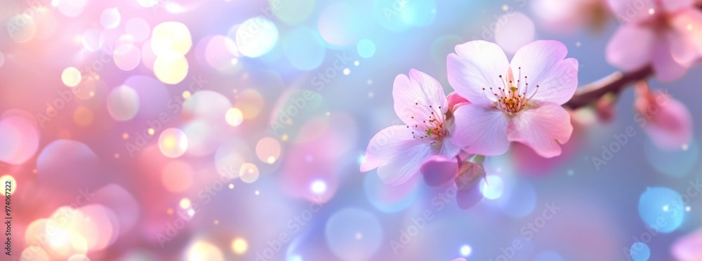 Blurred background of blooming cherry blossoms in pastel colors with bokeh lights Blurred background of blooming cherry blossoms in pastel colors with bokeh lights