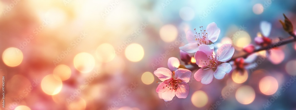 Blurred background of blooming cherry blossoms in pastel colors with bokeh lights Blurred background of blooming cherry blossoms in pastel colors with bokeh lights