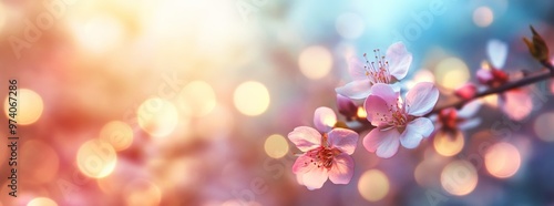 Blurred background of blooming cherry blossoms in pastel colors with bokeh lights