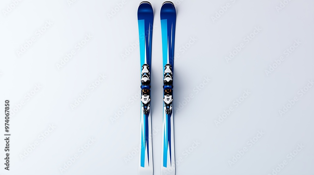 Blue and white skis with bindings rest on a white background, ready for winter adventures. Blue and white skis with bindings rest on a white background, ready for winter adventures.