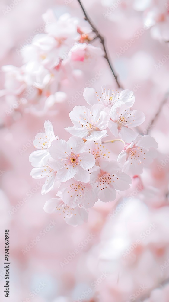 Obraz premium A tight shot of blooming flowers on a tree Pink blossoms dominate the foreground, contrasting with the blue backdrop of the sky