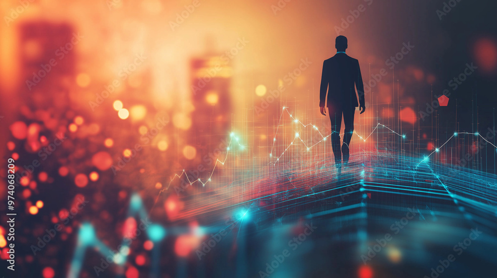 Business success, growth and personal development concept with businessman walking on graph line and growing up on abstract light background Business success, growth and personal development concept with businessman walking on graph line and growing up on abstract light background