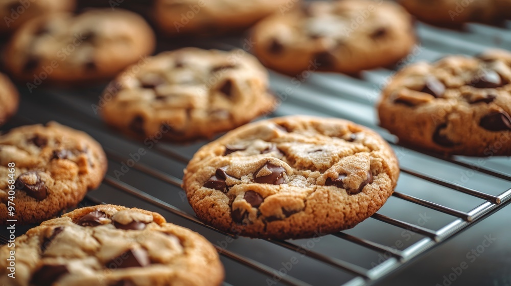 Close Up Chocolate Chip Cookies Cooling On Wire Rack Close Up Chocolate Chip Cookies Cooling On Wire Rack