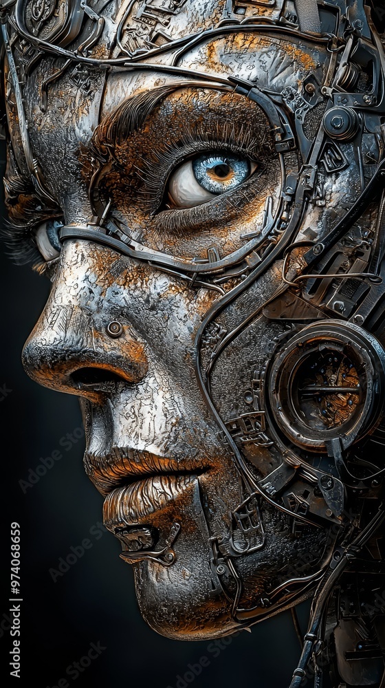 A tight shot of a face superimposed with a clock face and intricately detailed gear system A tight shot of a face superimposed with a clock face and intricately detailed gear system
