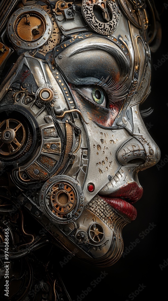 A woman's face up-close, adorned with gears and mechanical components, encircled by a large clock embedded in her forehead A woman's face up-close, adorned with gears and mechanical components, encircled by a large clock embedded in her forehead