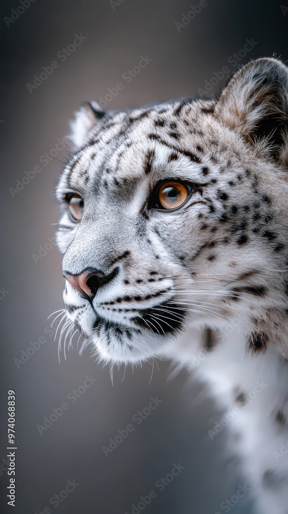 Fototapeta premium A snow leopard's intense face, closely framed, in focus Background softly blurred