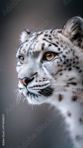  A snow leopard's intense face, closely framed, in focus Background softly blurred